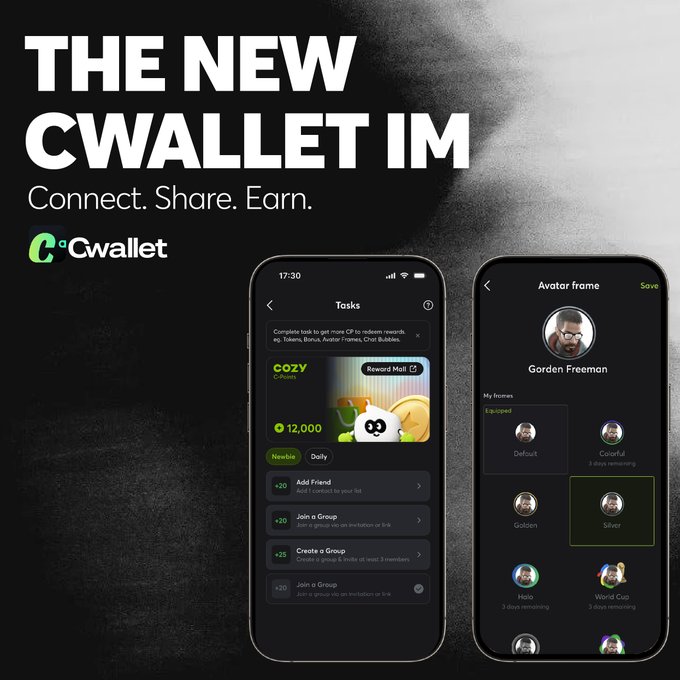 The image is a promotional graphic for the new Cwallet IM, featuring the tagline "Connect. Share. Earn." and displaying two smartphone screens—one showing a "Tasks" page with a 12,000 CP reward and options like "Add Friend" and "Join a Group," and the other showing an "Avatar frame" customization page with options like "Gorden Freeman," "Silver," and "World Cup." This aligns with the post by highlighting Cwallet IM's enhanced community, sharing, and rewards features for joining official groups.