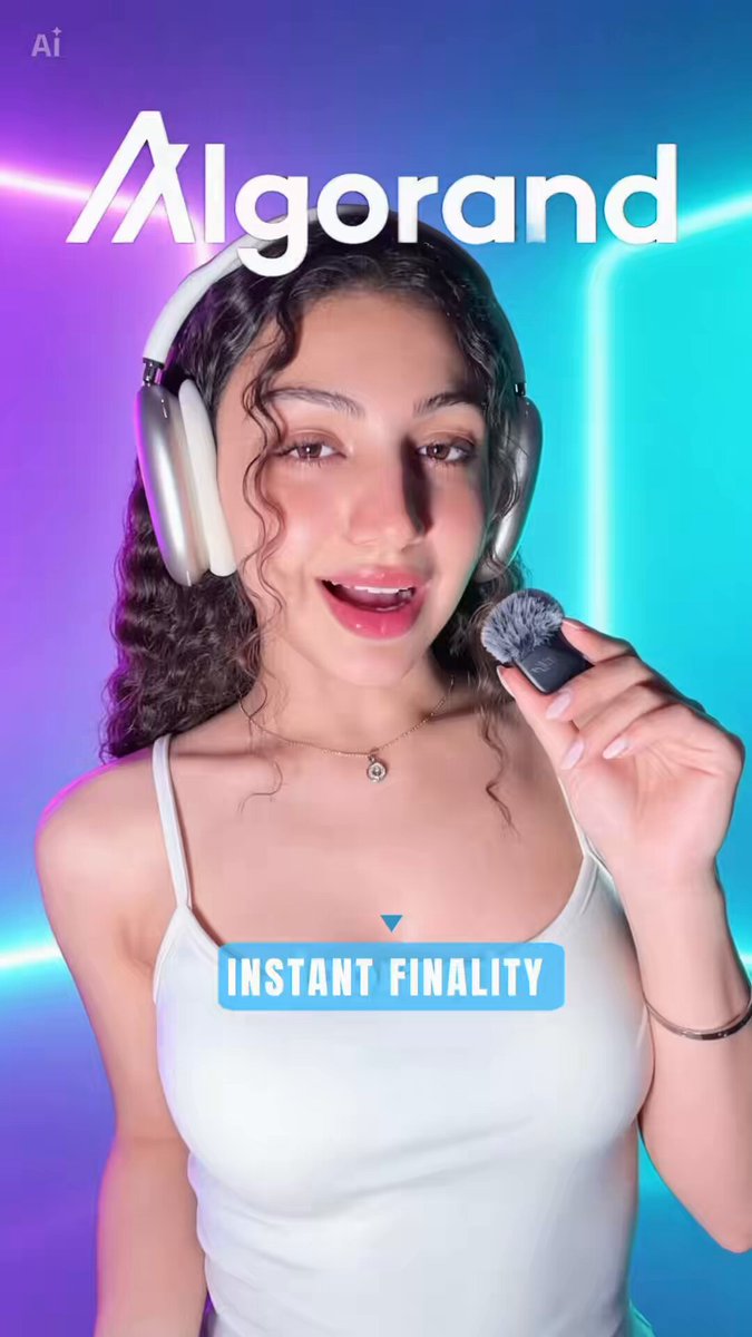 The image features a woman wearing headphones, holding a microphone, and standing against a purple background with blue neon lights. The caption of the image reads "here’s everything you need to know about instant finality on Algorand $ALGO".