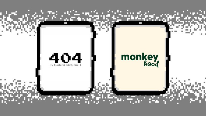 Two pixel-art styled boxes appear against a gray static background, the left showing '404' with 'Pirated Identities' and the right labeled 'monkey head' in green text.