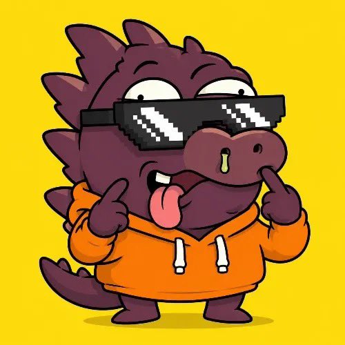 A cartoon illustration of a purple dinosaur-like character wearing pixelated sunglasses and an orange hoodie, sticking out its tongue and giving rock hand gestures on a yellow background.