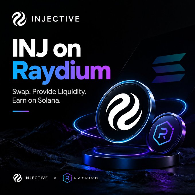A promotional graphic announcing 'INJ on Raydium' by Injective, with the tagline 'Swap. Provide Liquidity. Earn on Solana,' featuring 3D rendered INJ and Raydium tokens.
