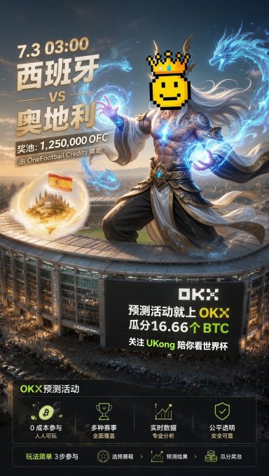 A promotional poster for an OKX prediction event featuring a crowned warrior figure with pixel art and blue dragons, advertising a Spain vs. Austria match on 7.3 at 03:00 with a 1,250,000 OFC prize pool sponsored by OneFootball Credit, alongside the user's caption about staying up late to gamble on World Cup games with OKX's free points.