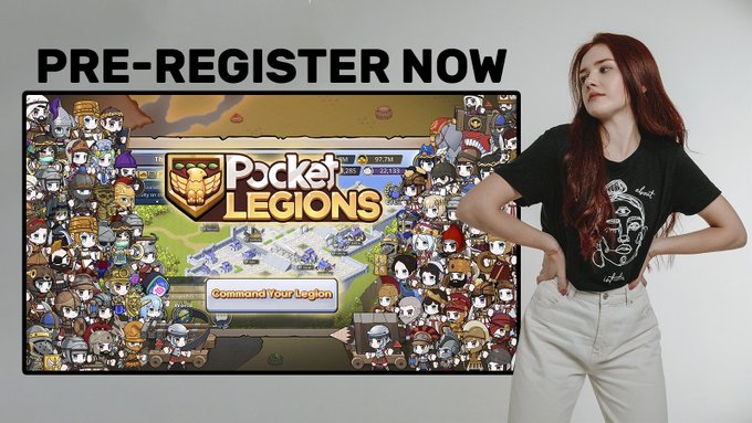 The image features a woman standing next to a poster for Pocket Legends, an action roleplaying game. The poster displays the game's title and a description of the game's gameplay mechanics. The woman appears to be posing with the poster, possibly promoting or discussing the game.