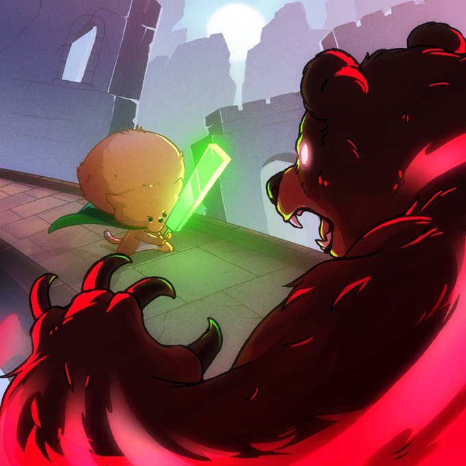 A chibi-style digital illustration depicts a small, round-headed character with a green cape wielding a glowing green sword against a massive, dark red-furred bear-like creature with glowing eyes and sharp claws in a castle-like setting.