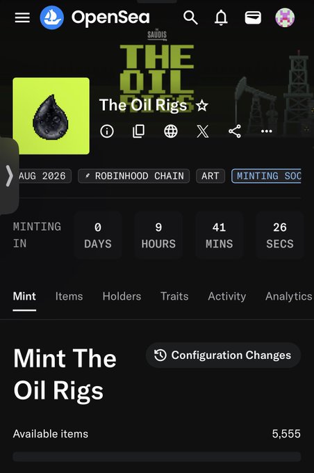 OpenSea NFT collection page for 'The Oil Rigs' by SAUDIS on Robinhood Chain, showing a mint countdown of 0 days, 9 hours, 41 mins, 26 secs and 5,555 available items.