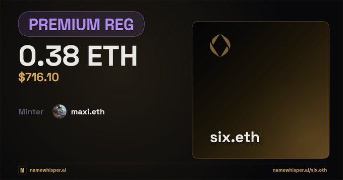 A poster for a crypto coin named 'six.eth'. The image shows a square poster of the logo of this coin with the name displayed at top right corner. A description beneath it explains that someone held the coin at five years ago, then let it slip away in the feb lapse, and someone else caught it out of the auction tail for a fee of 0.38 ETH (which translates to $716). The poster includes details about premium registration and a logo representing the six.eth coin.