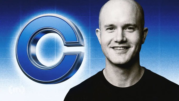 Promotional image featuring a smiling bald man in a black shirt on the right, with a large blue metallic 'C' logo (Coinbase logo) on the left against a blue digital background.