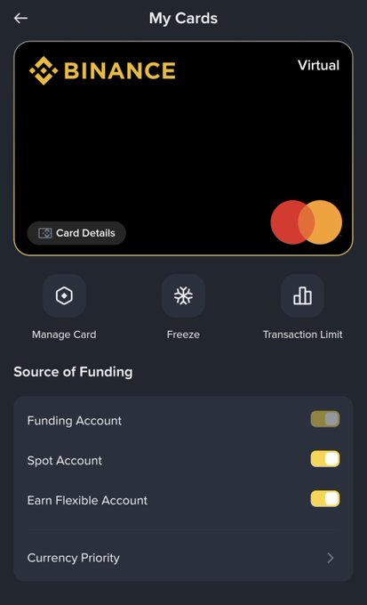 A screenshot of a digital wallet app showing a Binance Virtual card, with options to manage the card, freeze it, and set transaction limits, plus funding account settings.