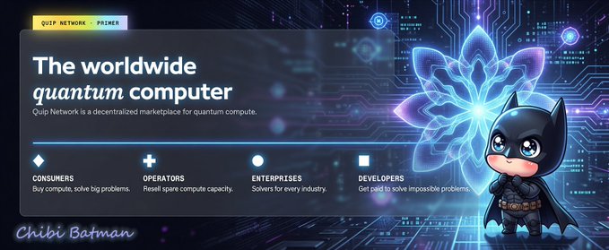 The image features a cartoon character, specifically a batman character, standing against a blue background with a purple flower design. The text above the image reads "The worldwide Quantum computer" and below it says "Quip network". The caption below the image states that Quip network is interested in AI and has been looking at computing conversations around AI topics.