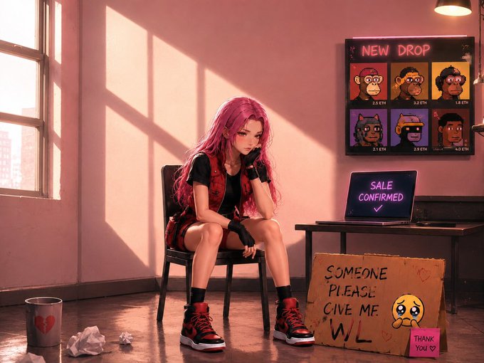 An anime-style illustration of a pink-haired girl sitting dejectedly in a room with an NFT 'NEW DROP' display showing Bored Ape-style images, a laptop reading 'SALE CONFIRMED', and a cardboard sign saying 'SOMEONE PLEASE GIVE ME A WL' with a crying emoji.