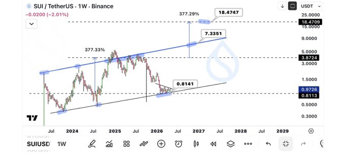 The image shows a chart of the SUI stock, which appears to be fluctuating between positive and negative trends. The stock's overall performance seems to have potential for growth if the market conditions improve. A prominent message in the post suggests that there is one project with real 10x potential given its current state. The post also mentions that support prices are near the bottom, indicating a possible opportunity for investors to buy the SUI stock at a lower cost before it sees more significant improvements.