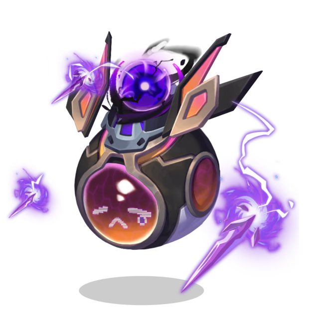A digital artwork features a floating, egg-shaped black and gold robotic creature with a sad pixelated face on its front, accompanied by a purple crystal sphere on top and crackling purple energy projectiles around it.