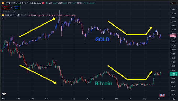 A TradingView chart comparing Gold and Bitcoin (CFD on Bitcoin/USD) price movements with yellow arrows indicating trend patterns.