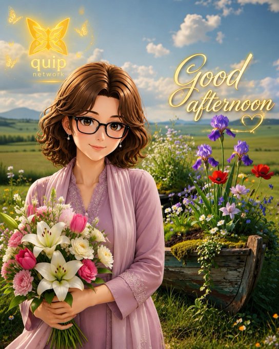 An illustrated greeting card featuring a smiling woman with glasses holding flowers, with text reading 'quip network' and 'Good Afternoon.'