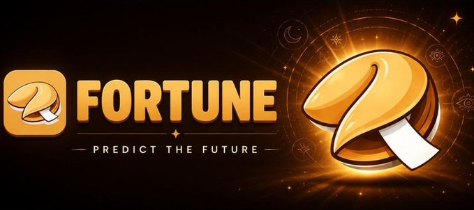 A promotional banner with gold fortune cookies and the text 'FORTUNE - PREDICT THE FUTURE' against a dark background with mystical symbols and sparkles.