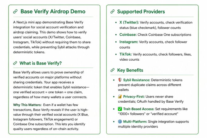 The image features a screenshot of a website's header containing information about verifying apps. The title reads "BASE Verify Airdrop Demo", which suggests that this post provides an overview of Base Verify, a popular app for verifying data authenticity. The accompanying text includes details such as "What is the @base token?", highlighting the importance of base tokens in verifying applications and projects on the platform. It also mentions several benefits of the @base token, including its role in supporting providers and offering various features to users. The image shows a connection between this post and the concept of base Verify apps by providing a screenshot hinting at an upcoming release or update.