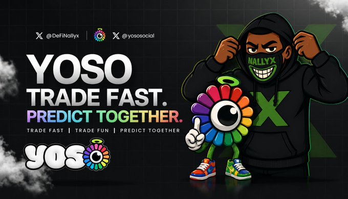 The post on social media is a banner for YosoTrade fast. It features an image of a character named Yoso, who appears to be wearing a hoodie with a graphic design of a pair of sneakers and a flowery mask. In addition to the eye-catching visuals, the text on the banner provides an explanation about how the trading platform works, which includes the concept of Prediction Markets and how they are missing from the current network. The post also mentions that there is strong activity in DeFi markets, fast transactions, good liquidity, and one of the fastest growing L1s (little exchange-traded funds).