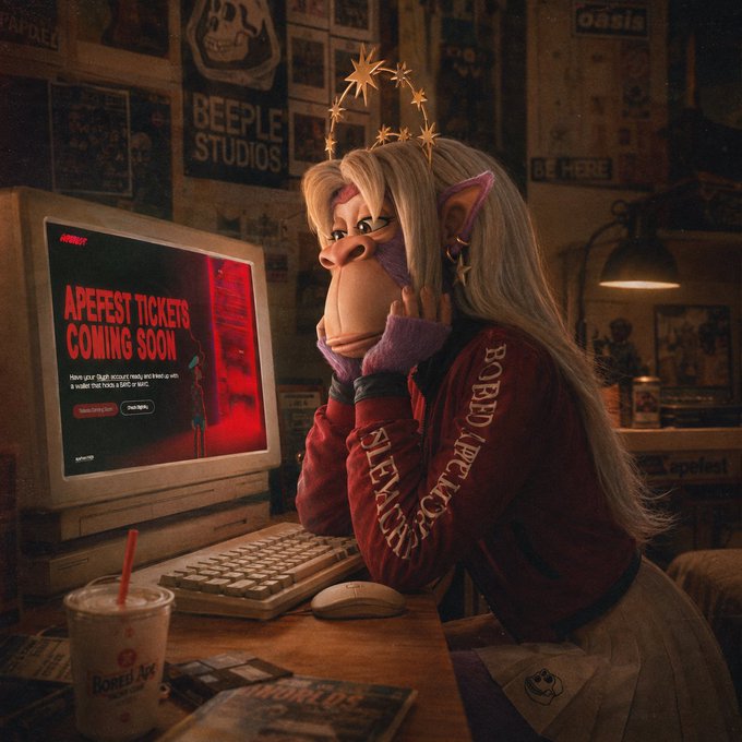 A digital illustration of a long-haired, elf-eared character in a red jacket with 'BONEY' and 'REVOLUTION' text, sitting at a desk in a dimly lit room looking at a computer screen displaying 'APEFEST TICKETS COMING SOON'.
