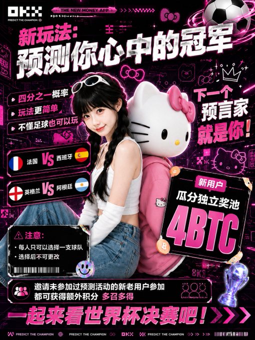 An OKX promotional poster features a woman with Hello Kitty, advertising a World Cup prediction contest with text in Chinese including '预测你心中的冠军' and '4BTC' prize pool.