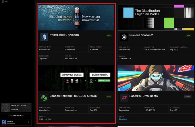 A screenshot of a crypto airdrop platform listing opportunities, including 'ETHRA SHIP - $30,000' and 'Canopy Network - $100,000 Airdrop' highlighted in a red box.