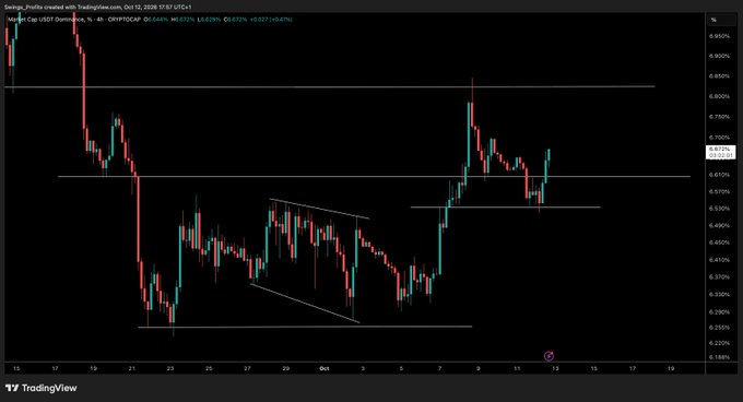A TradingView candlestick chart of CRYPTOCAP:USDT.D (Tether dominance) on the 4-hour timeframe, showing a descending wedge pattern and price hovering near the 6.60% support level on October 12, 2026, which aligns with the post highlighting how USDT strength is weighing on the broader crypto market.