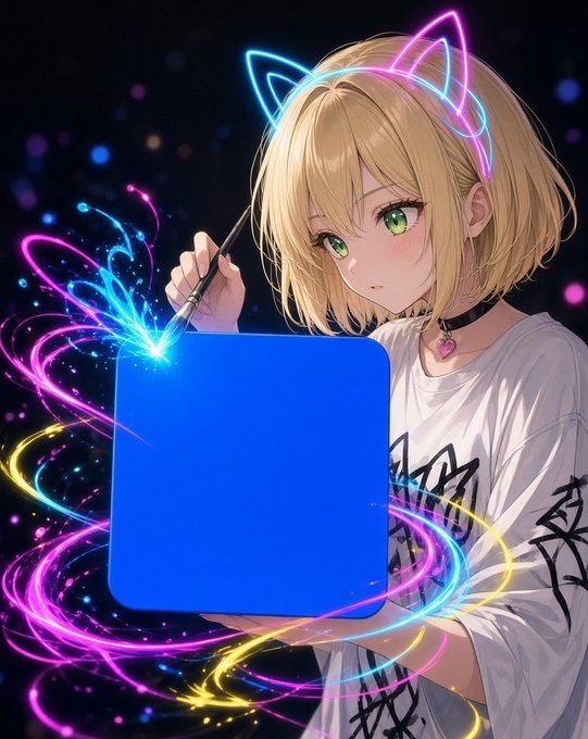 An anime-style illustration of a blonde girl with glowing cat ears, holding a brush that creates magical blue and pink sparkles around a blank blue square.