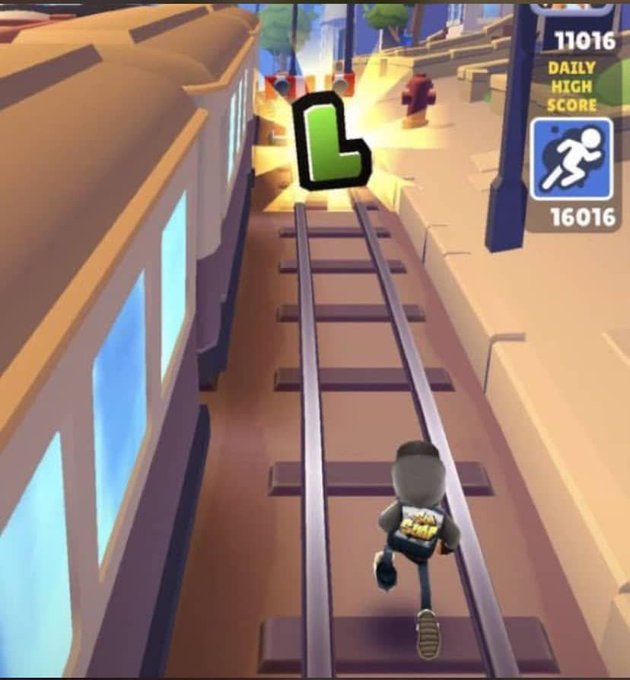 A screenshot from the mobile game Subway Surfers shows a character running on train tracks with a score of 11016 and a 'DAILY HIGH SCORE' of 16016.