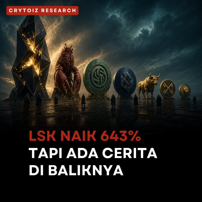 A crypto promotional image from 'CRYTOIZ RESEARCH' features various cryptocurrency symbols (including BTC, ETH, BNB, LTC) standing like monuments, with text reading 'LSK NAIK 643%. TAPI ADA CERITA DI BALIKNYA' (LSK rose 643%. But there's a story behind it).