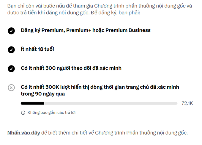 A Vietnamese-language YouTube requirements screen showing criteria for original content monetization, including Premium subscription, being at least 18 years old, and having at least 500 verified subscribers.