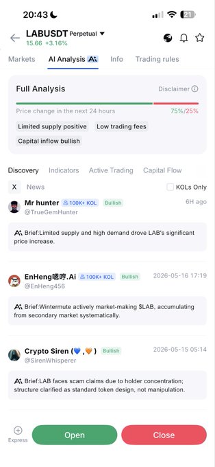 In the image, there are various Twitter icons scattered across the top of a smartphone screen that read "LAB" with an attached quote that reads "You just got your paycheck it's the first time you open a crypto trading account on MEXC. You see $LAB up only, but you don't know it only has 190k liquidity and it's controlled by insiders instead you click AI Trading the analysis says 75% why would AI lie to you?." The image shows that there is an ongoing conversation or discussion related to the Twitter icons and a quote about cryptocurrency trading on MEXC.