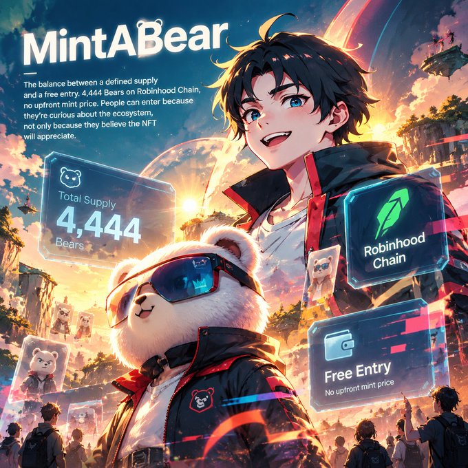 An anime-style promotional graphic for 'MintABear' NFT collection featuring a character with a bear companion, advertising 4,444 total supply on Robinhood Chain with free entry and no upfront mint price.