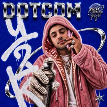 Album artwork titled "DOTCOM" featuring a man in a pink fuzzy hoodie, with "22 K Records" visible.