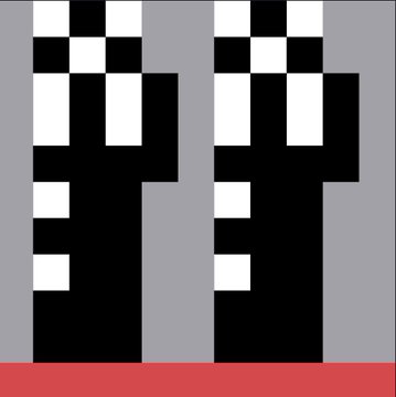 Pixel art of two identical pixelated skeleton-like figures standing side by side on a red surface against a gray background.