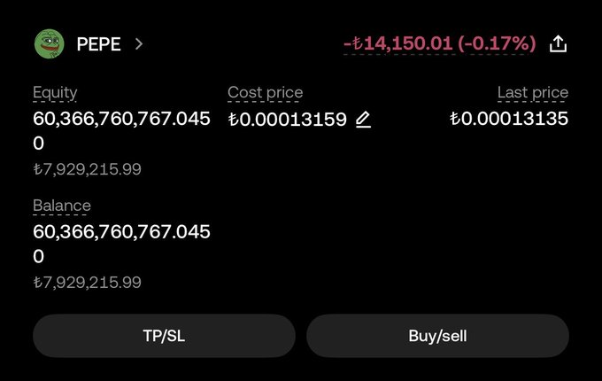 A cryptocurrency portfolio screen displays a PEPE token holding of 60,366,760,767.045 tokens valued at ₺7,929,215.99, with a cost price of ₺0.000013159 and last price of ₺0.000013135, showing a slight decline of -₺14,150.01 (-0.17%). This visualizes the user's ~8 million Turkish lira investment in PEPE, illustrating their contrarian bet despite current market pessimism.
