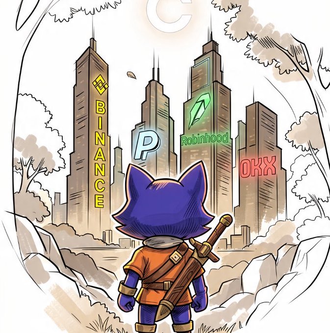 An illustrated blue cat-like warrior with a sword gazes at a cityscape of skyscrapers labeled with crypto exchanges: Binance, Robinhood, PayPal (P logo), and OKX.