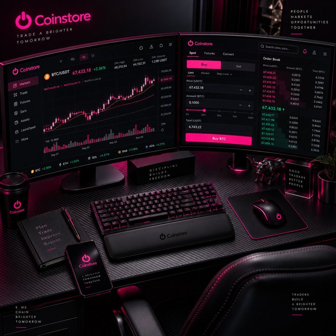 A promotional setup for the cryptocurrency platform 'Coinstore' featuring dual monitors displaying BTC/USDT trading charts at $67,432.18, alongside branded merchandise including a keyboard, mouse, notebook, and phone.