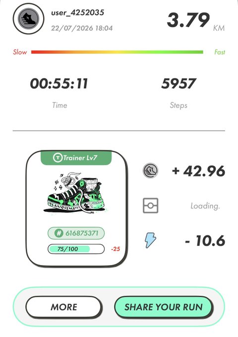 A running app summary showing a 3.79 km run completed in 55:11 with 5,957 steps by user_4252035 on 22/07/2026, awarding Trainer Lv7 with +42.96 EXP and -10.6 energy, along with options to view more or share the run.