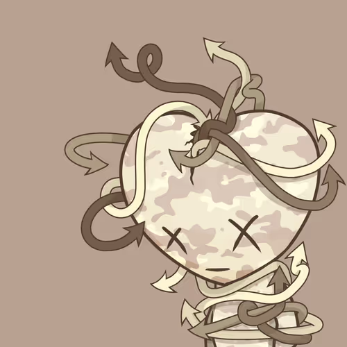 An artistic illustration of a heart-shaped character with X's for eyes, wrapped in thorny vines or chains against a beige background.