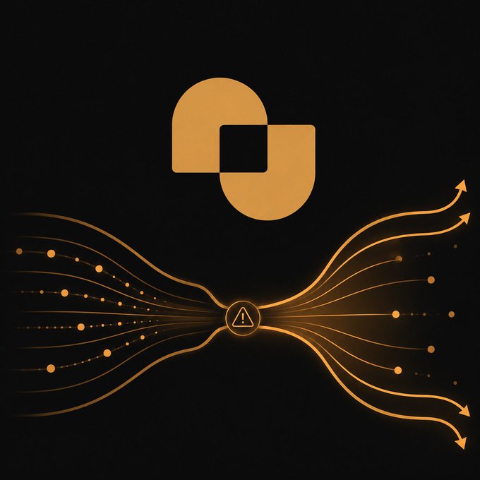 A minimalist graphic on a black background showing an orange geometric logo above flowing orange lines and dots that converge at a small warning triangle, spreading outward with arrows.