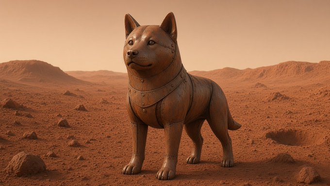 A metallic, armored dog statue with a studded collar stands on a rocky, reddish Mars-like landscape under an orange sky.