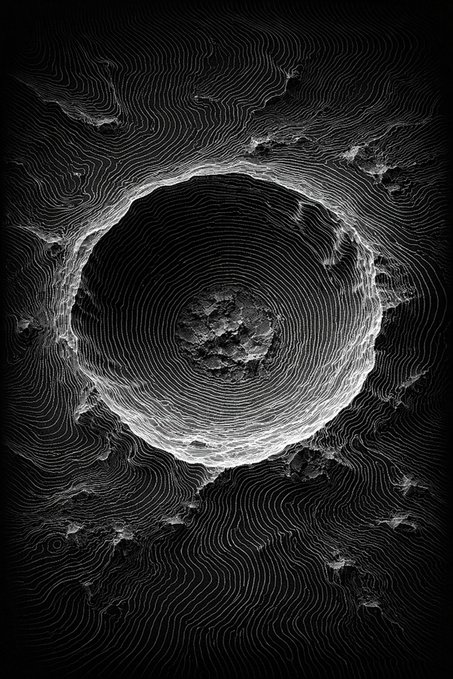 A monochromatic digital artwork featuring a central crater-like formation rendered through concentric contour lines radiating outward against a dark, textured background, evoking the topographic aftermath of an event. The piece, titled "Contour of Silence," visually echoes the post's meditation on stillness and threshold, using mapped rings to suggest the lingering shape of something once present—memory, impact, or emergence—now reduced to its quietest edges.