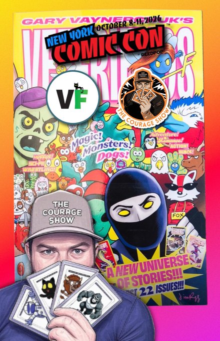 Figure 6: A comic con poster featuring 'Gary Vaynerchuk's New York Comic Con October 8-11, 2024' with various cartoon characters and 'The Courage Show' text.