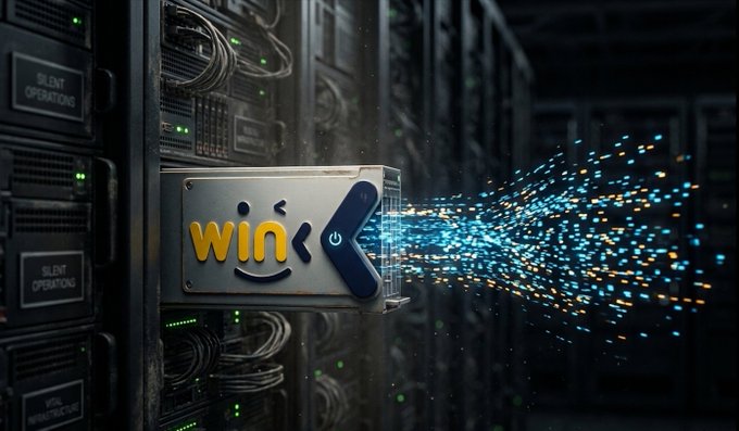 A server rack with a metallic plate displaying the yellow and blue 'win' logo, with glowing blue and orange data particles streaming out from it against a dark server room background.