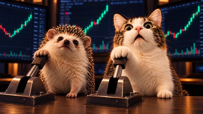 A whimsical 3D rendering of a hedgehog and a cat using mechanical joysticks in front of stock market charts.
