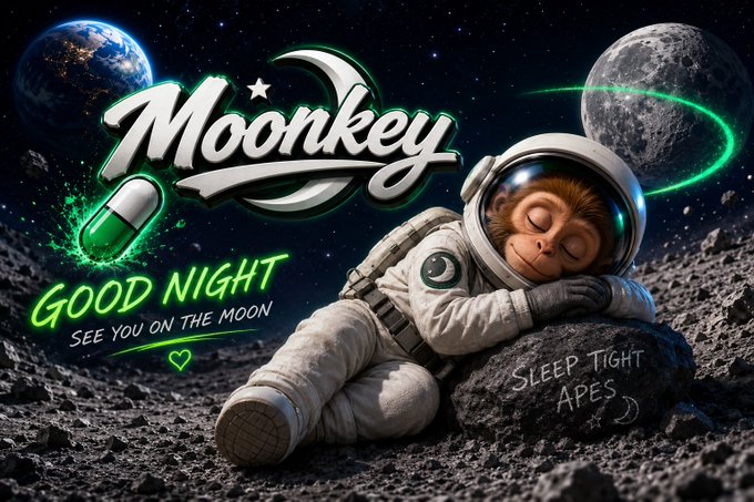 A crypto meme graphic titled 'Moonkey' features a sleeping astronaut monkey on the moon, with text reading 'GOOD NIGHT SEE YOU ON THE MOON' and 'SLEEP TIGHT APES' alongside a green pill capsule.