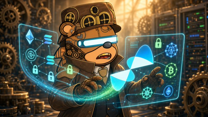 A steampunk-style bear wearing a top hat and glowing blue goggles interacts with floating holographic displays showing cryptocurrency logos, including Ethereum, Bitcoin, and security padlocks, set against a backdrop of industrial gears.