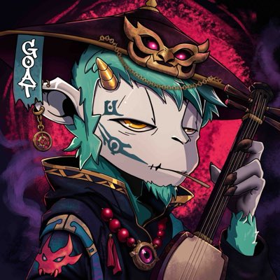 A stylized anime-like character with teal hair, a golden horned mask, and gothic attire plays a shamisen against a red and purple background, with "GOAT" written on a hanging banner—matching the post's reveal of a new "Goats of Solana" 1/1 NFT PFP by @dark_jesuss, acquired through @romantradez.