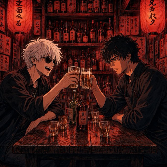 An anime-style illustration of two young men with contrasting hair colors toasting glasses at a bar surrounded by red lanterns and bottles with Asian text.