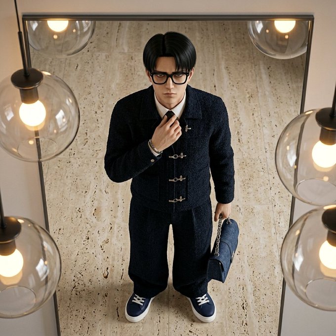 The image features a man wearing glasses and a suit standing in front of a mirror with his hands in his pockets. The man appears to be looking down at himself in the mirror, possibly adjusting his tie or preparing for an event. The background includes several lights hanging from the ceiling, creating a well-lit environment. There is also a handbag visible on the floor next to the man's feet.