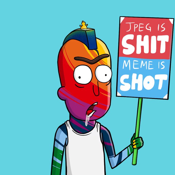 The image features a cartoon character with a white shirt holding up a sign that says "JPEG IS SOCK MODE IS SHOT" against a blue background. The text on the sign appears to be humorous, possibly referencing the popular meme about the joke "Why did the sock go to therapy? Because it was feeling stressed". This image seems to be related to the post because it is an illustration of a character holding up a sign with a humorous message that could be interpreted as a joke or a lighthearted commentary on the current events.